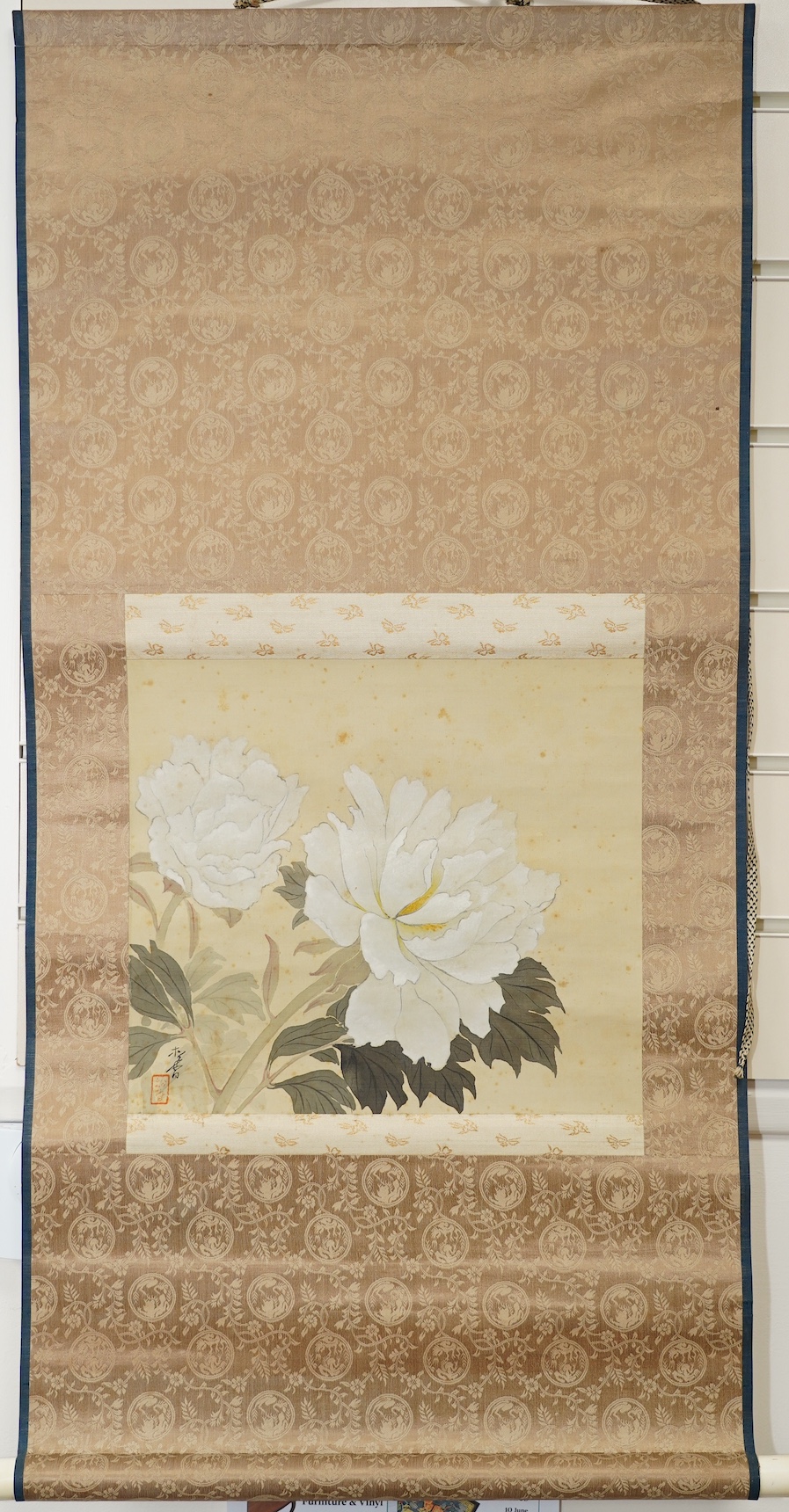 Five Japanese scroll paintings, 19th and 20th century, including two landscapes, birds, a flower study and a calligraphic inscription. Condition - ranging from poor to good